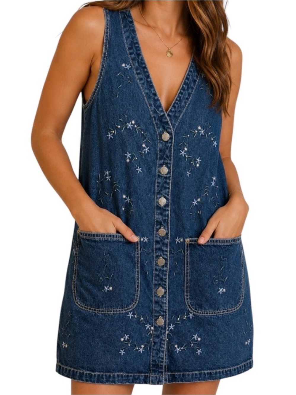 Northwest Blue Sleeveless Denim Button-Front Dress with White Floral Embroidery